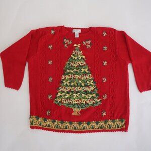 Vintage August Max Red Knit Embroidered Christmas Tree Holiday Sweater 3X